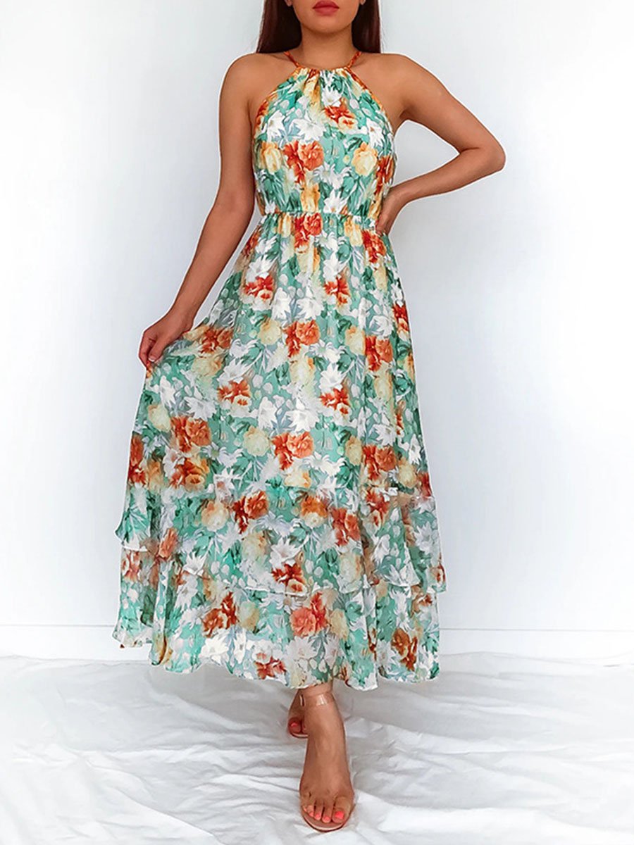Summer Halterneck Flower Print Maxi Dress