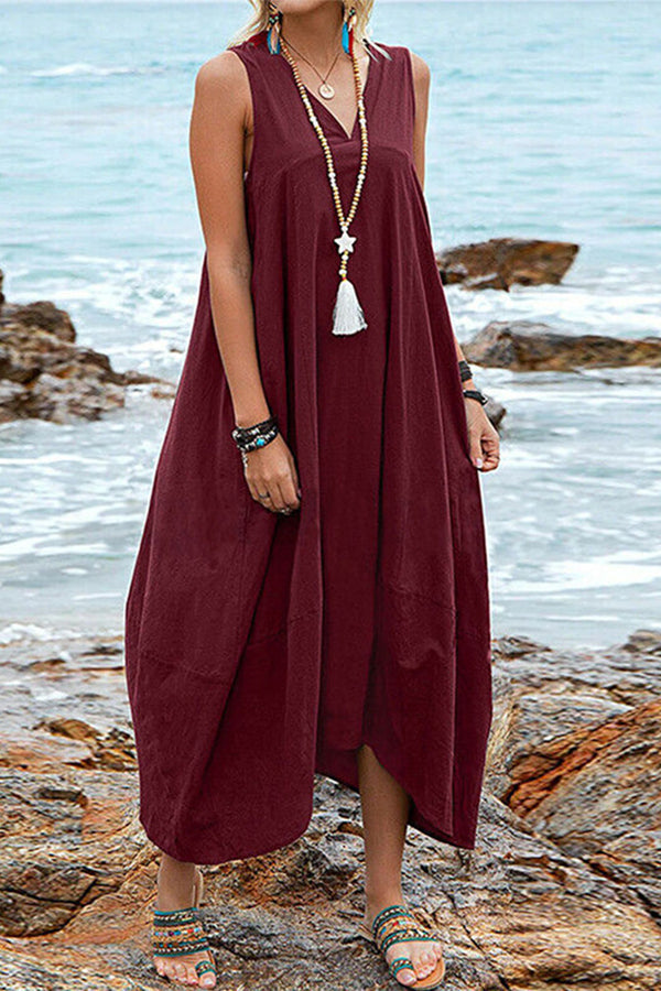 Women's Sleeveless Back-tie V Neck Pocket Loose Dress
