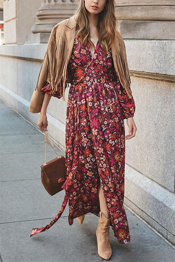 Wrap V Neck Printed Long Kimono Dress