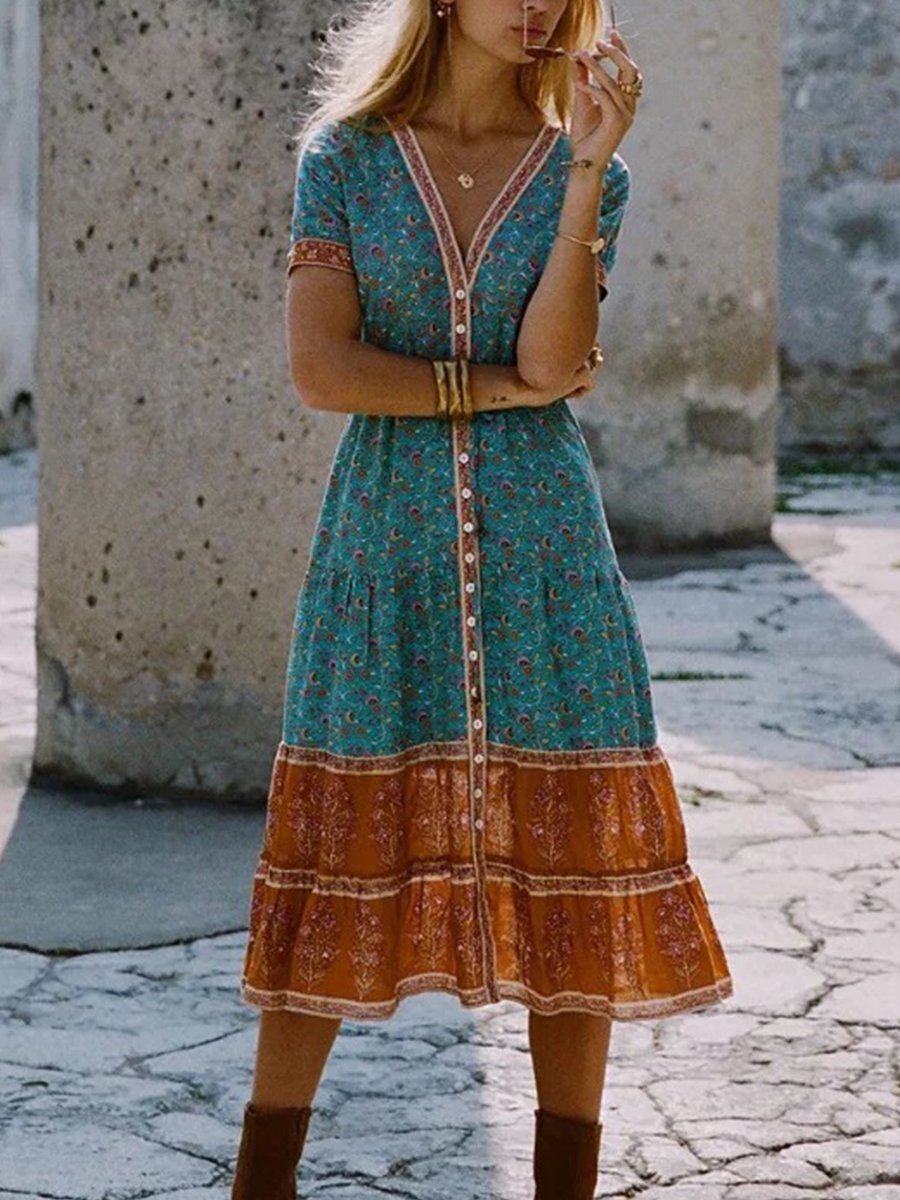 Short Sleeve Boho Print V-neck Calf-length Dress