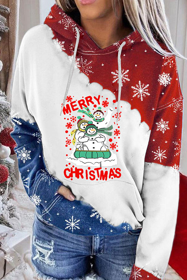 Santa Claus Print Color Block Hoodie (Red and blue)
