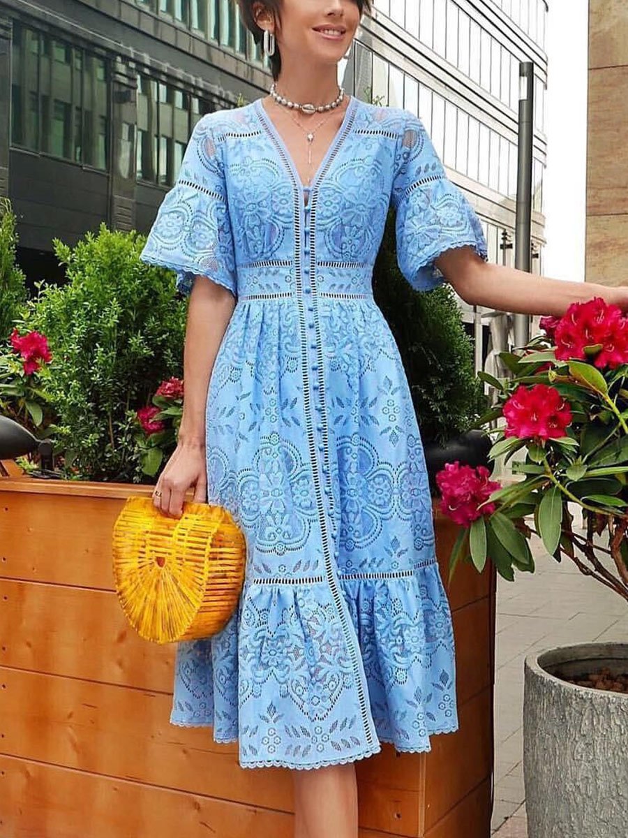 V-neck Solid Slim-fit Lace Midi Dress