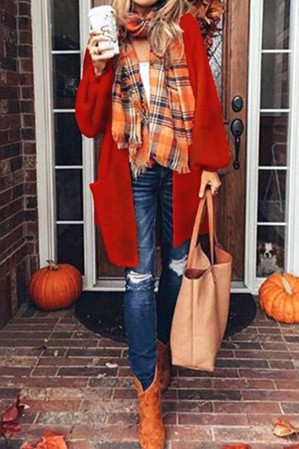 Loose Lantern Sleeve Orange Knitted Coat