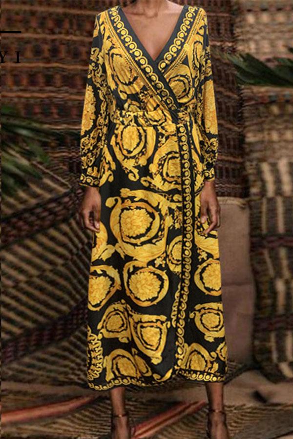 Vintage Printed V-Neck Slit Waist Dress