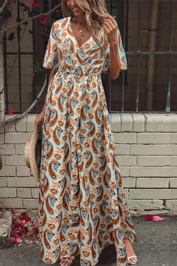 V-neck Printed Floral Bohemian Dress