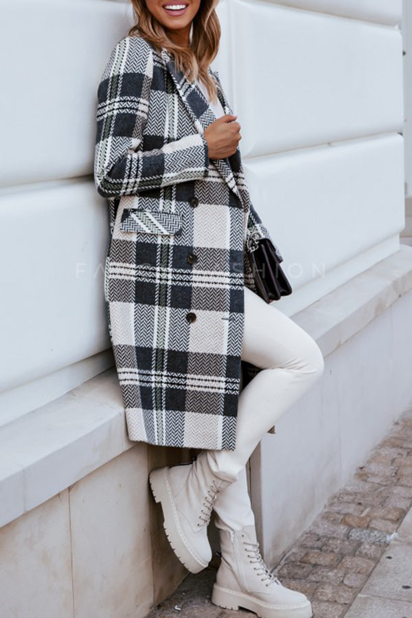 Plaid Print Long Sleeve Buttoned Pea Coat
