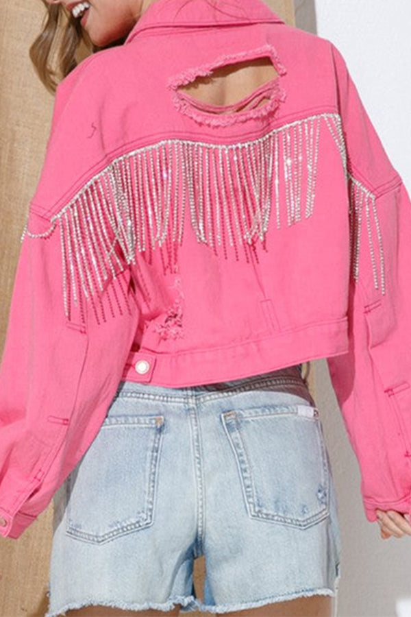 Ripped Rhinestone Fringed Denim Jacket