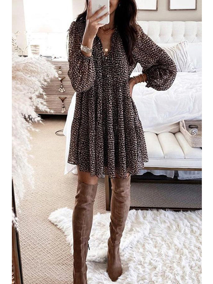 V-Neck Balloon Sleeve Leopard Print Mini Dress