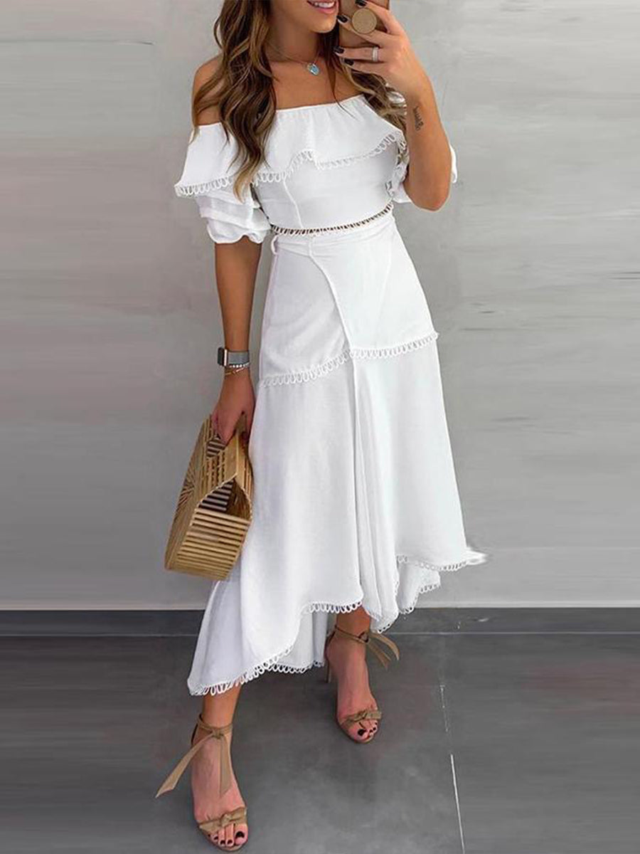 Off Shoulder Scallop Trim Top Dress Suit