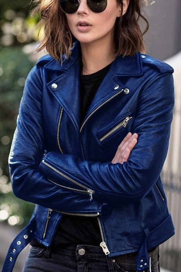 Punk Fitted Solid Lapel Faux Leather Jacket