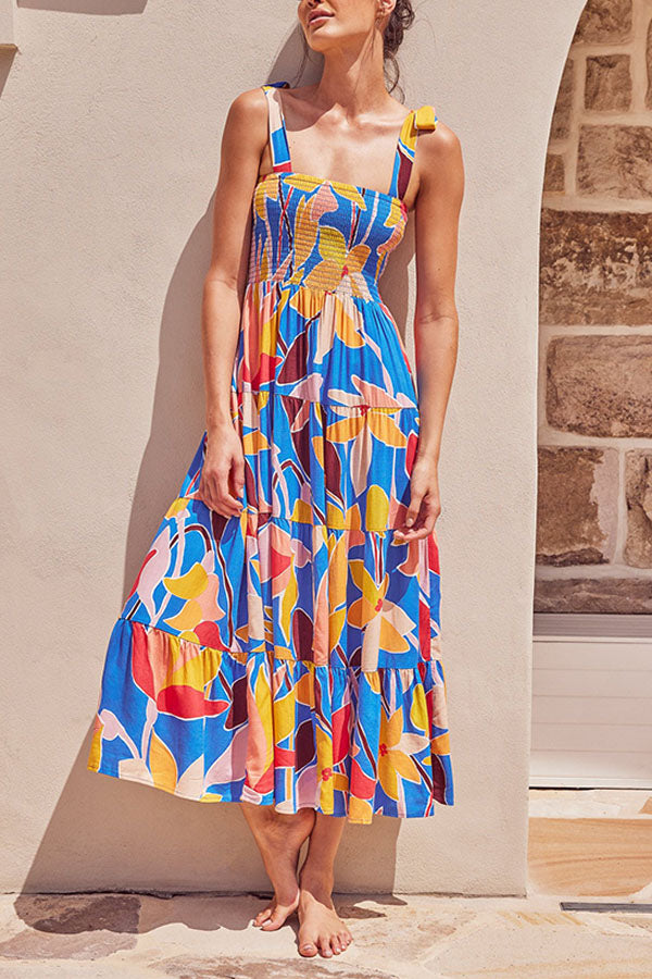 Fake Suspender Lace-up Printed Long Dress