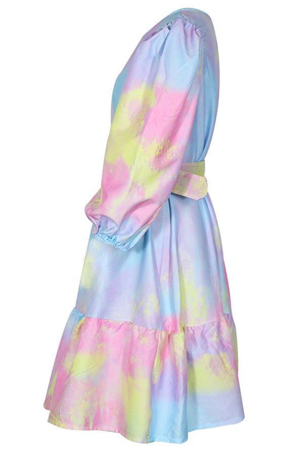 Tie-Dye Resort Ruffled Nipped Waist Mini Dress