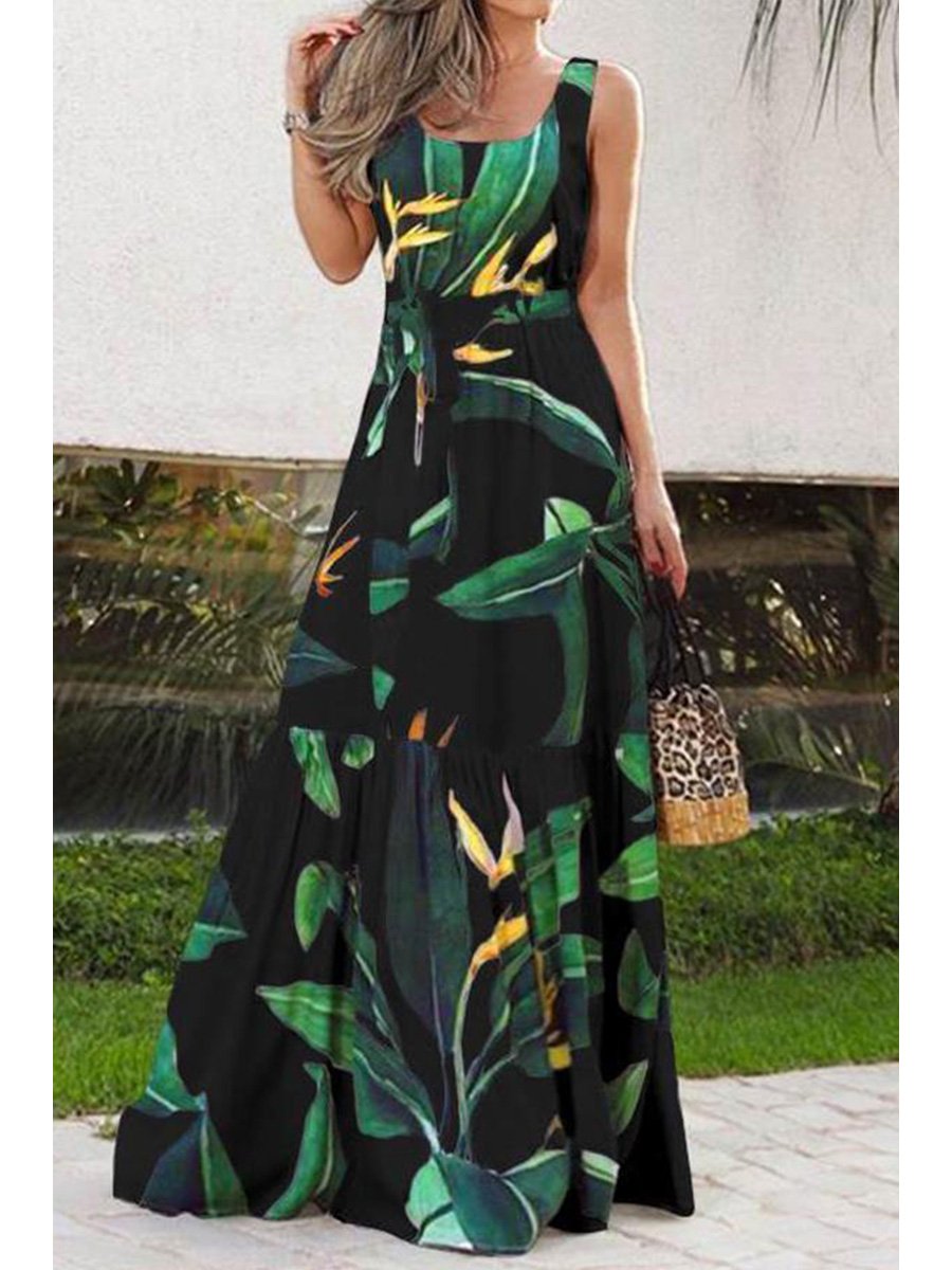 Bohemian Green Printed Bouquet Waist Dress
