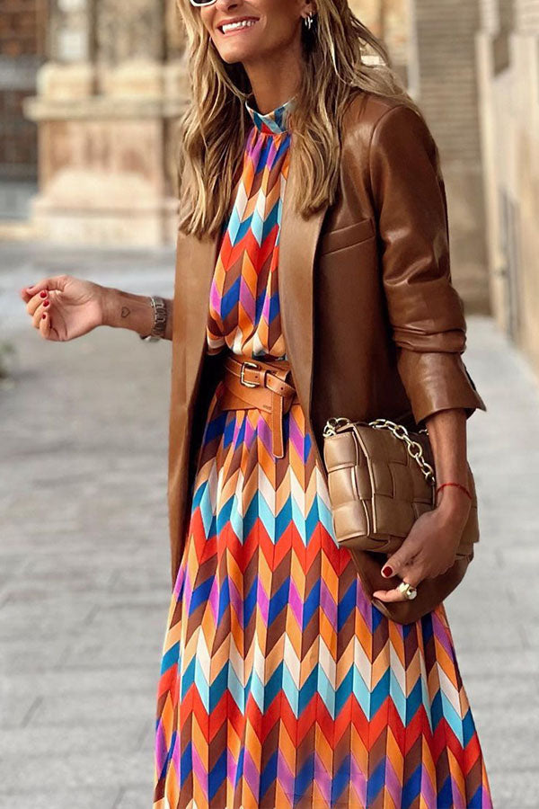 Mid-sleeve Printed Waist A-line Dress