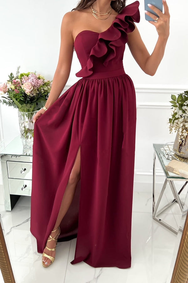 Sleeveless Off-Shoulder Ruffle Hem Slit Dress