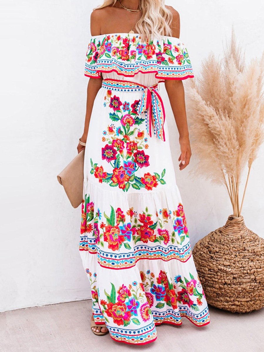Elegant Off Shoulder Rainbow Maxi Dress