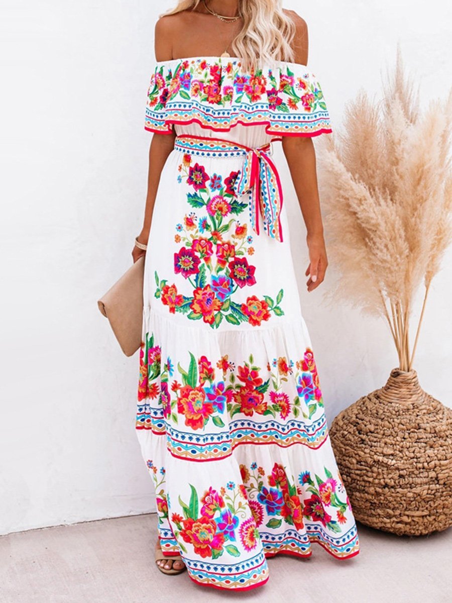 Elegant Off Shoulder Rainbow Maxi Dress