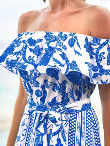 Summer Herringbone Neck High Waist Print Dress