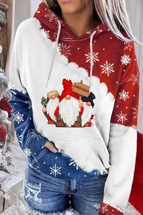 Santa Claus Print Color Block Hoodie (Red and blue)