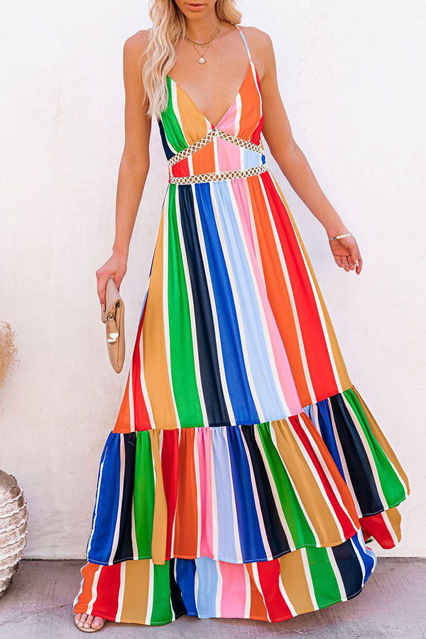 Rainbow Stripe Print Lace Stitching Deep V Strap Long Dress