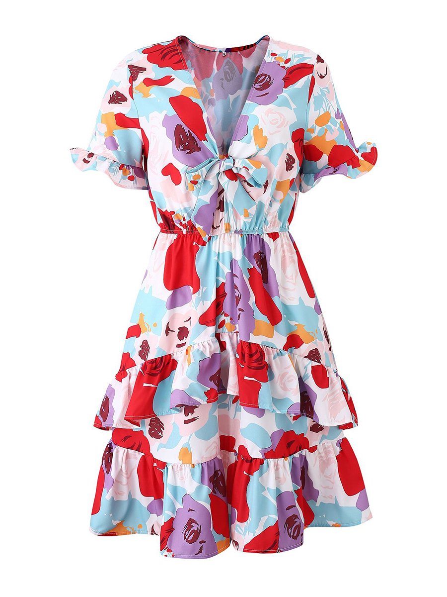 V-neck Short Sleeve Knot Front Ruffle Mini Dress