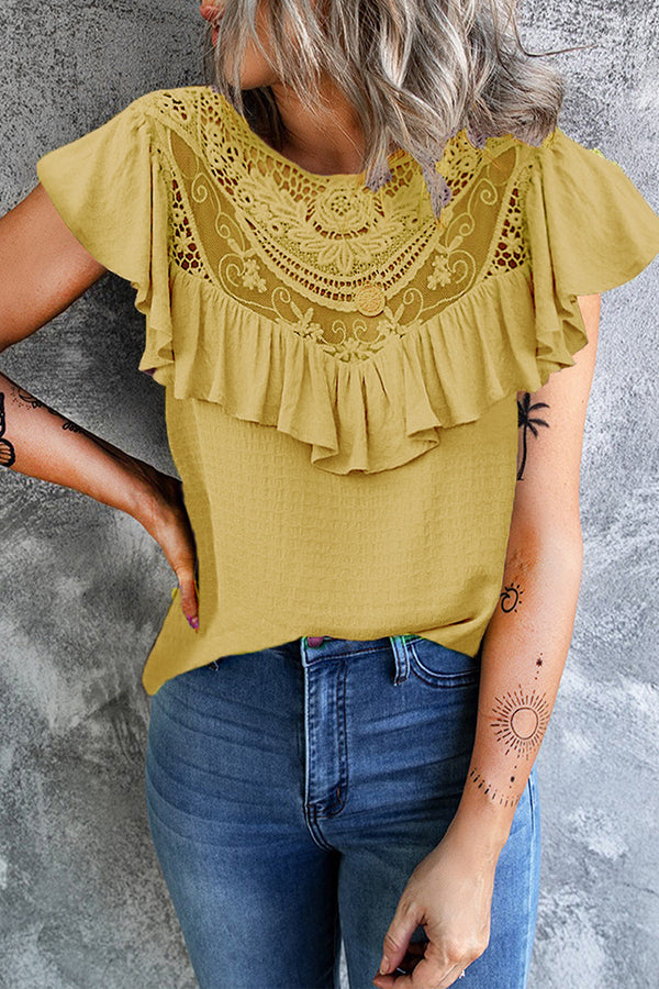 Summer Lace Women's Ruffled Crew Neck Loose Top