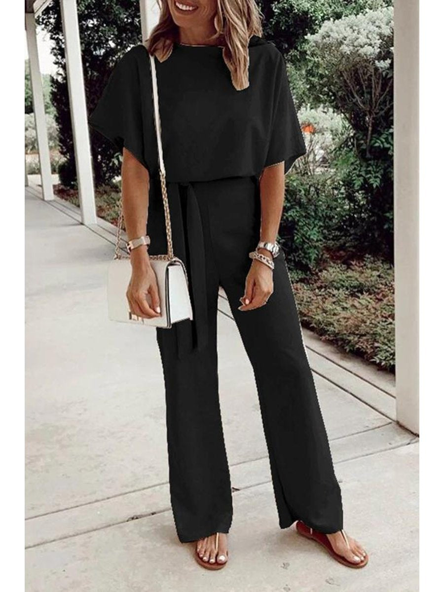 Elegant Solid Color Lace Up Bat Sleeve Jumpsuit