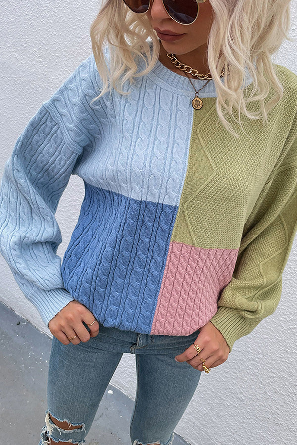 Square Stitching Contrast Color Twist Lantern Sleeve Sweater