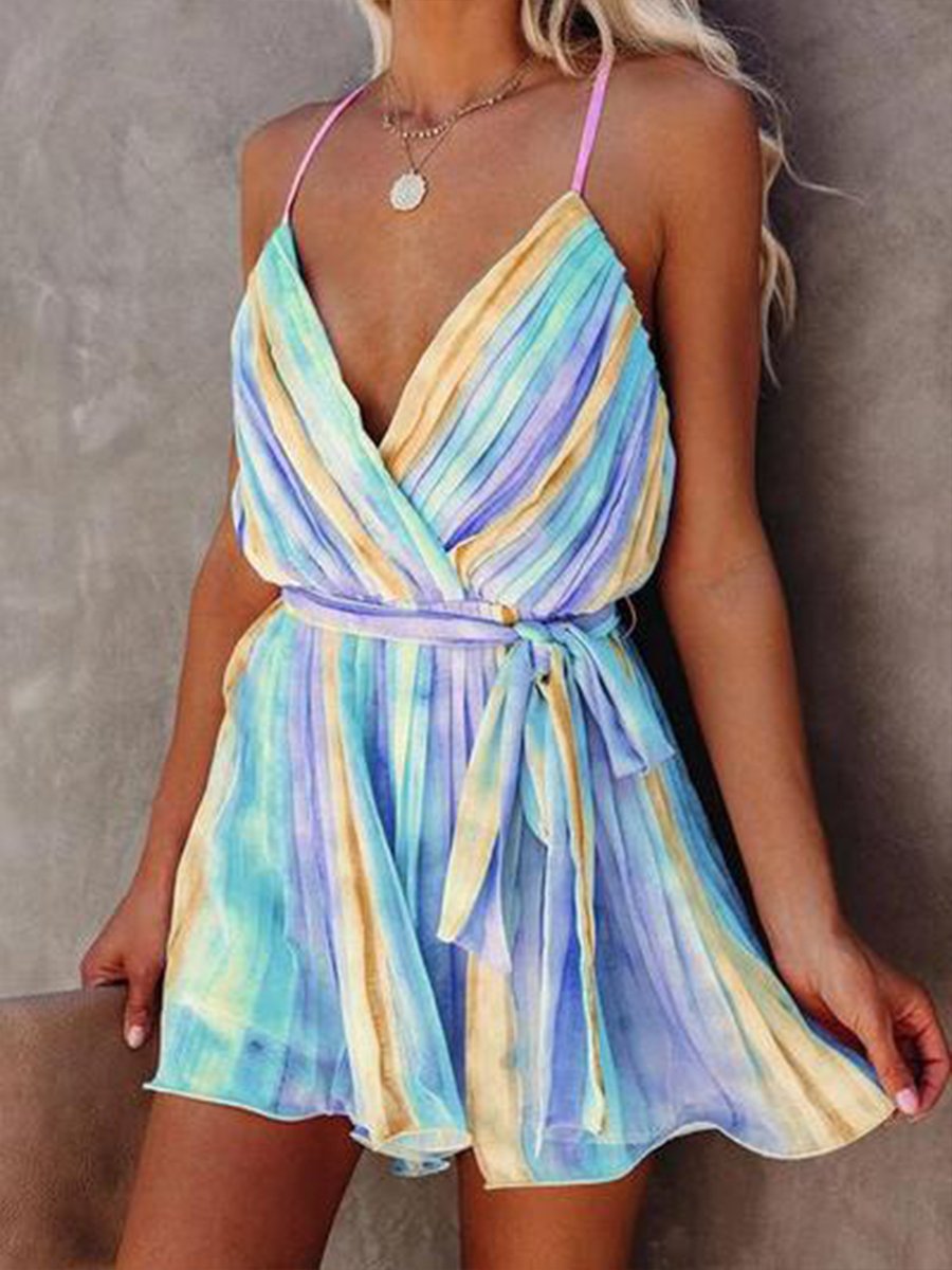 Chic Rainbow Tie-Dye Print Striped Mini Dress