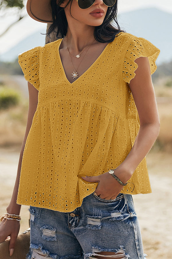 V-neck Lotus Leaf Sleeve Hollow Loose Women's Top
