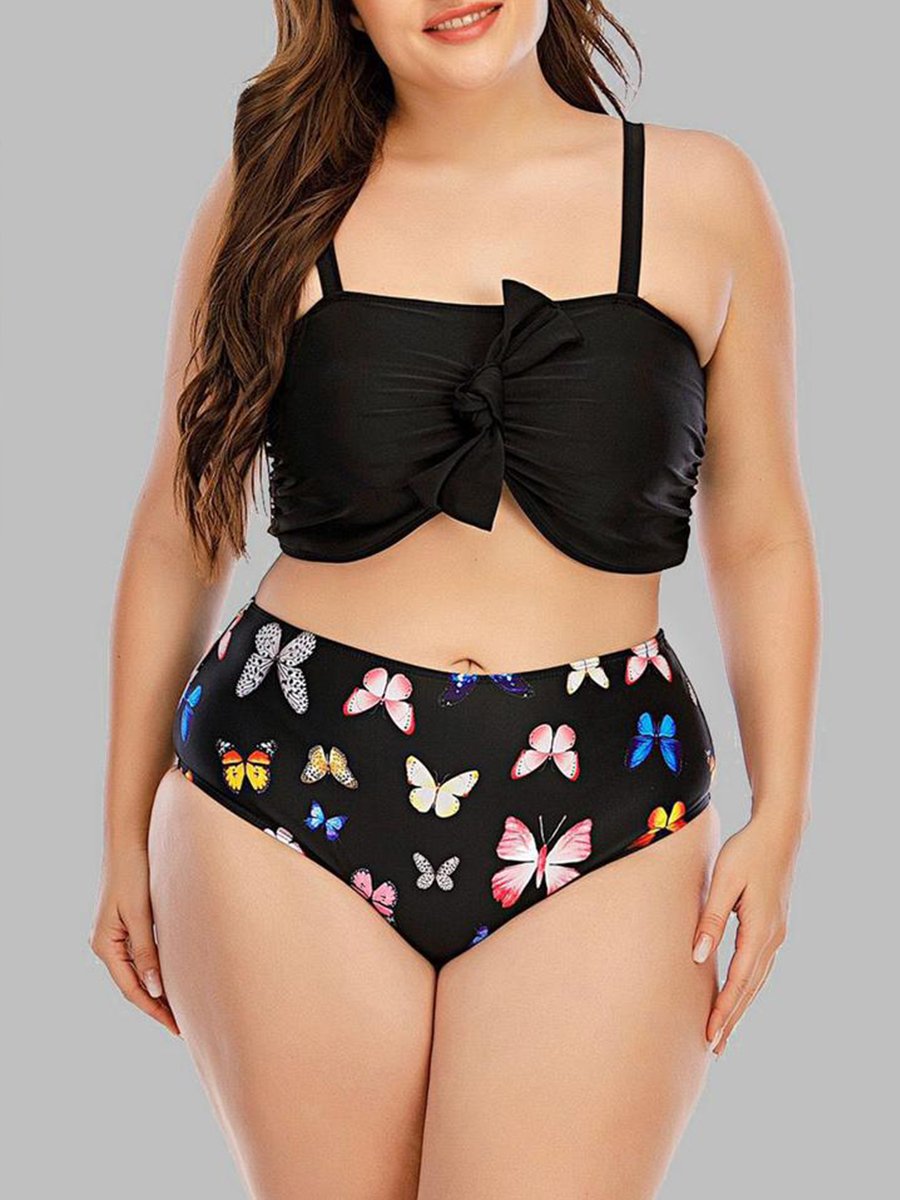 Butterfly Print Ruched Knot Design Black Two-piece Swimsuit