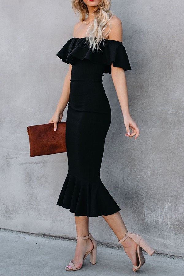 Perfectly Ruffle Off Shoulder Midi Dress