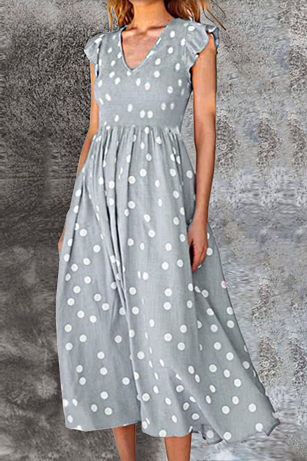 V-neck High Waist Polka Dot Print Dress