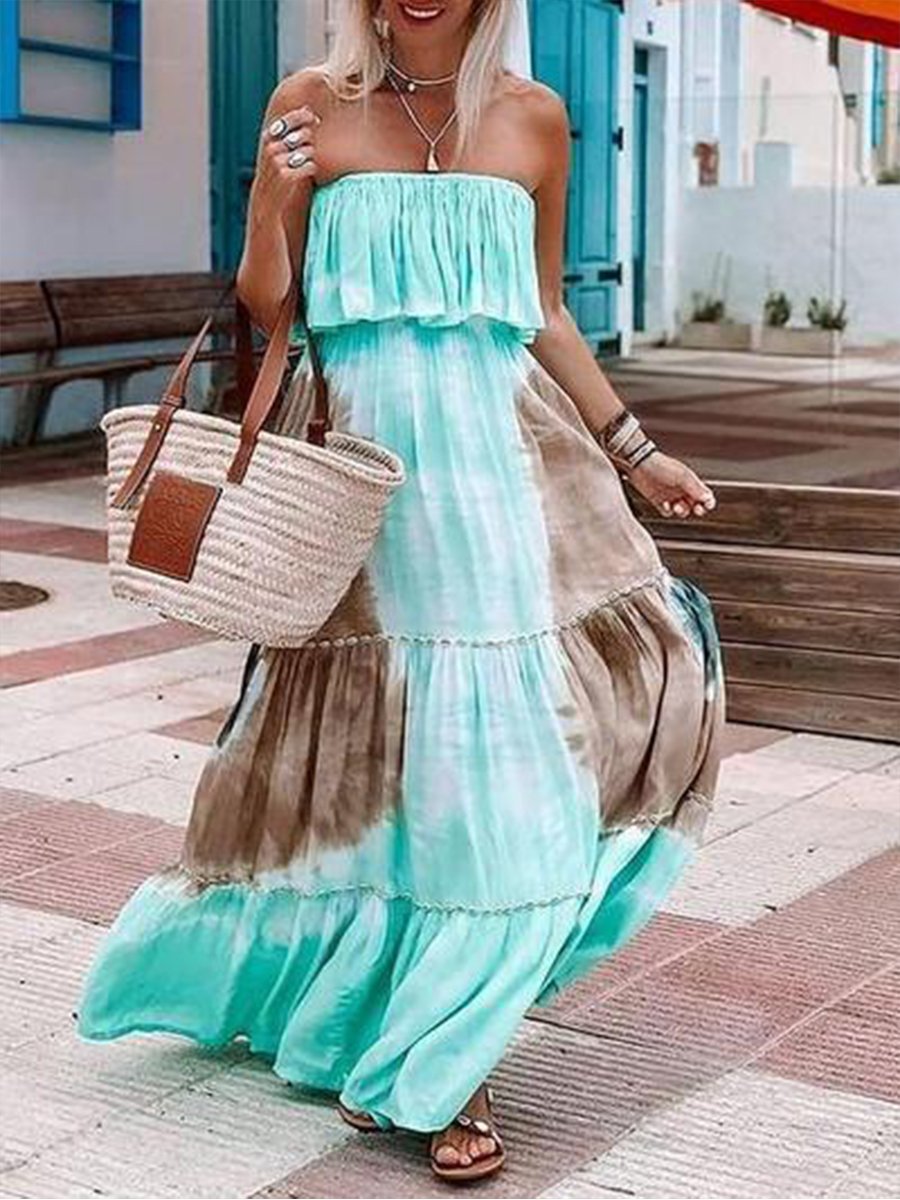 Off-the-shoulder Strapless Tie-dye Maxi Vacation Dress