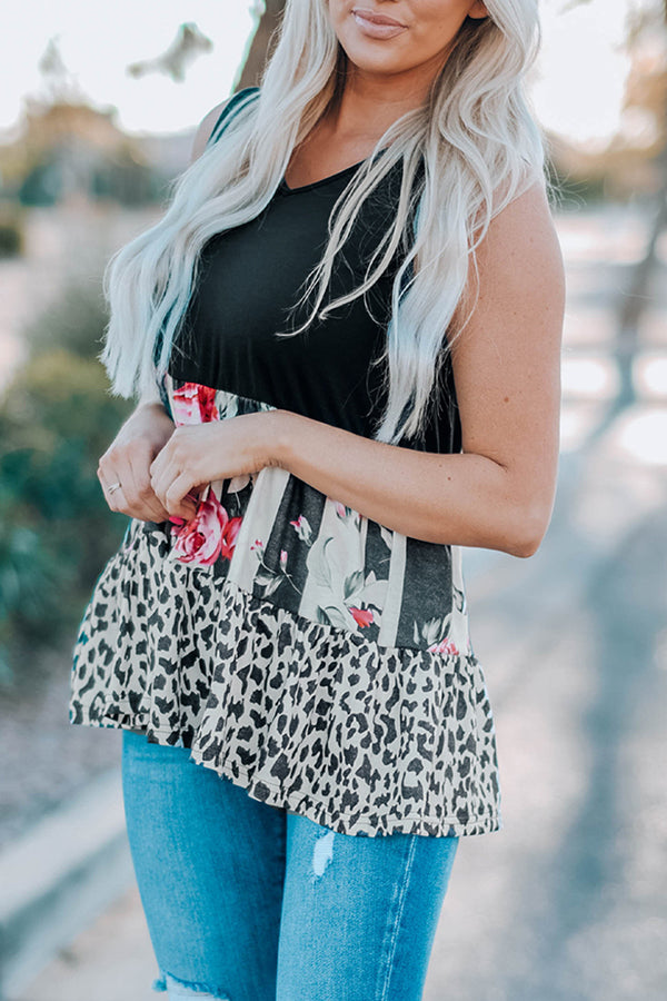The New Leopard-print Floral Patchwork V-neck Trim Sleeveless Vest