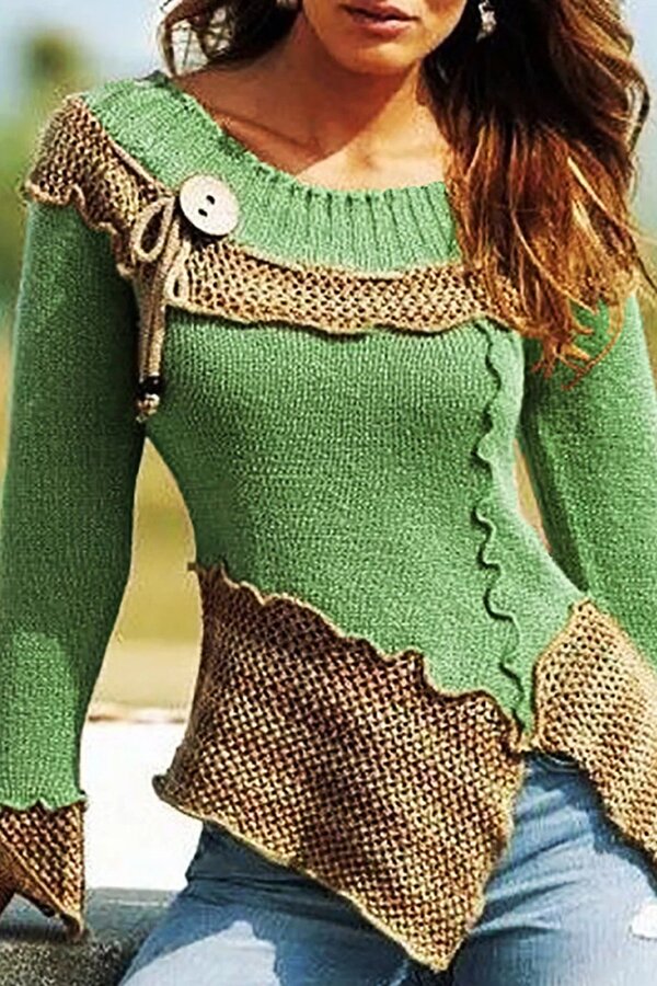 Retro Scoop Neck Patchwork Knit Sweater