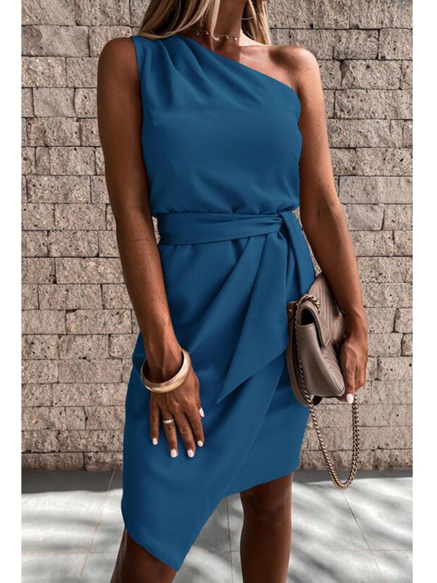 Solid Color One Shoulder Studs Party Dress