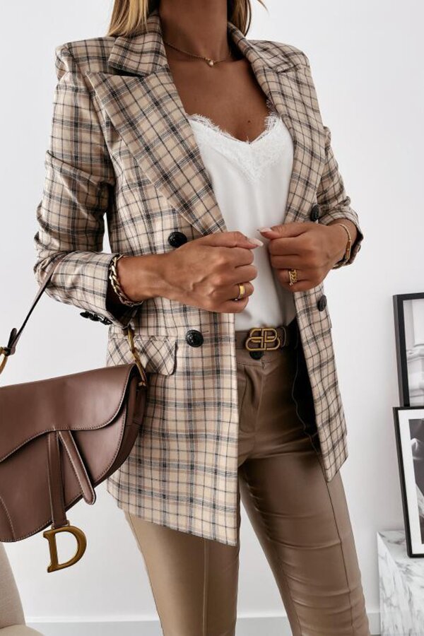Casual Plaid Wide Collar Button Blazer
