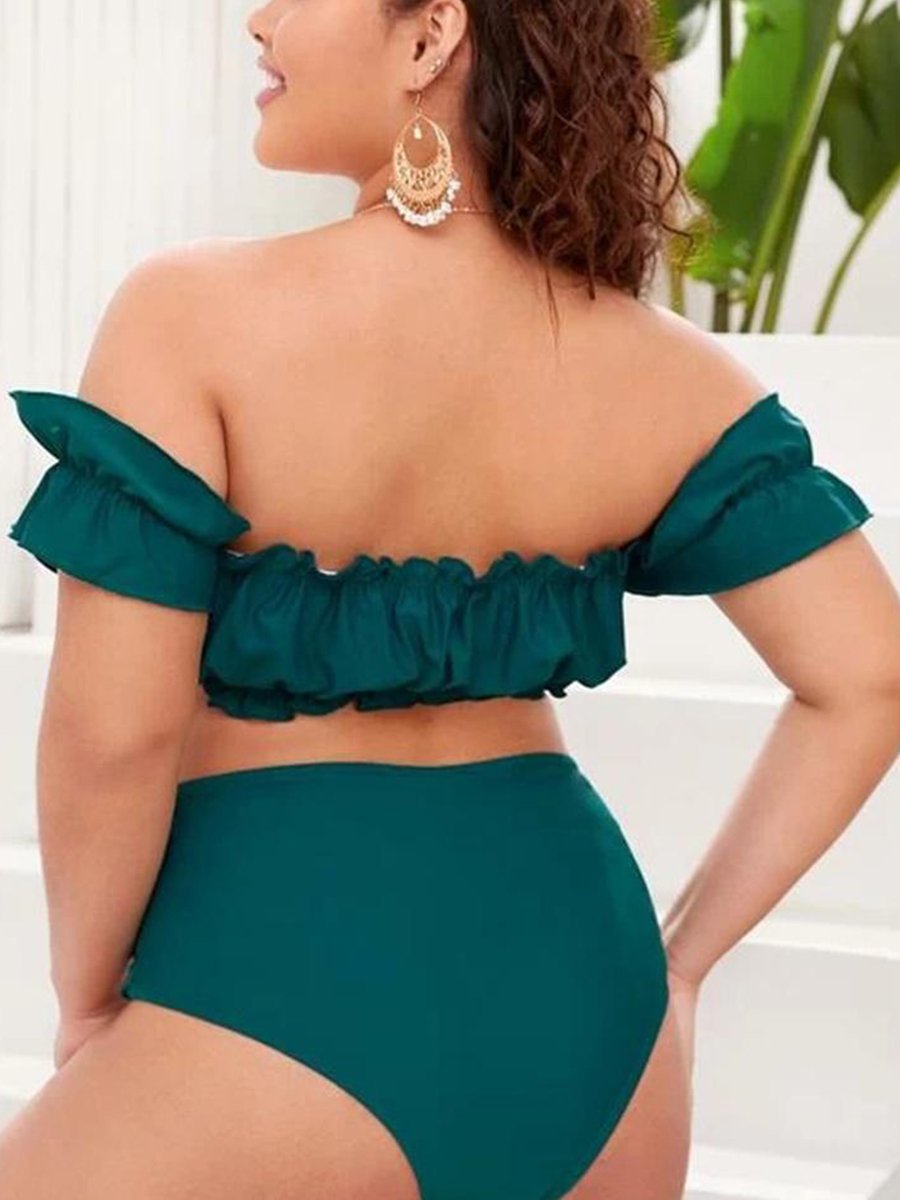 Sweet Off The Shoulder Leopard Print Ruffle Design Hollow-out Tankini