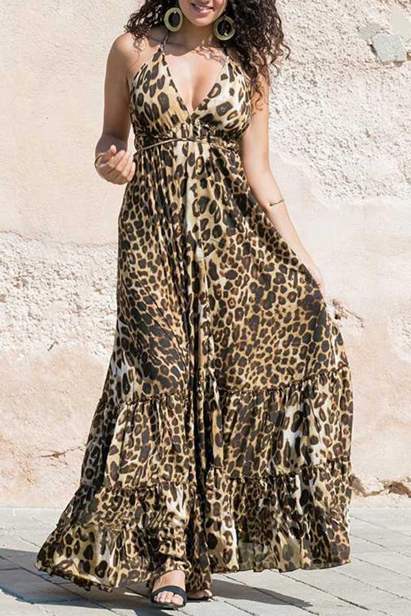 Deep V-Neck Leopard Print Sphagetti Maxi Dress