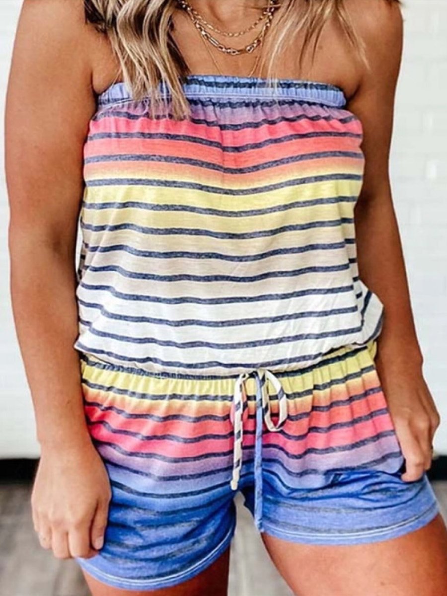 Striped Colorblock Strapless Loose Romper