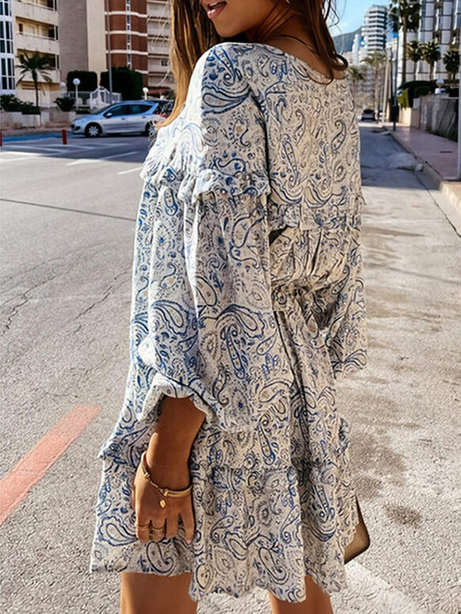 Pleated Lantern Long Sleeve Printed Dress