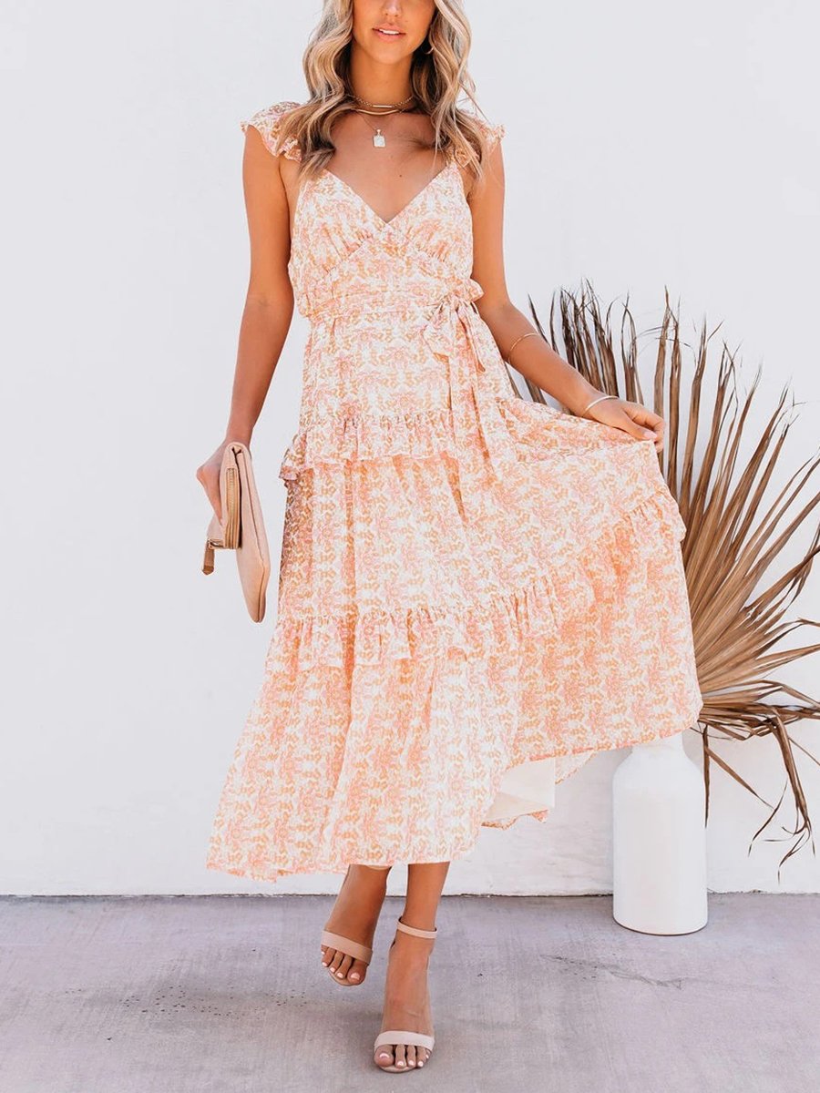 V-neck Print Cutout Back Ruffle Calf-length Dress