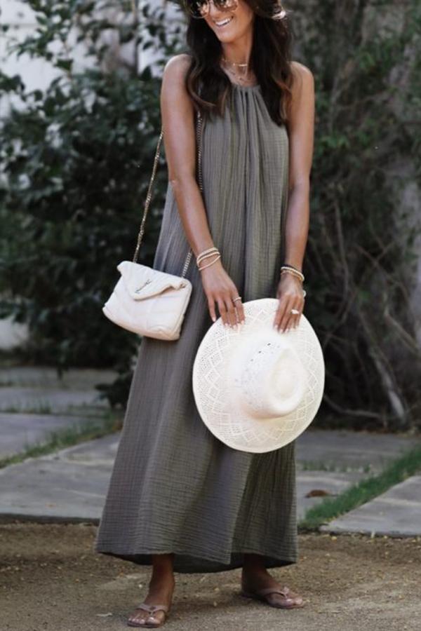 Pure Color Cotton And Linen Halterneck Dress