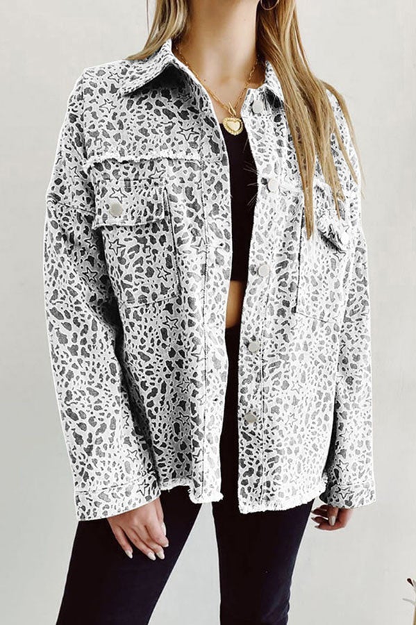 Westlynn Leopard Print Distressed Denim Jacket