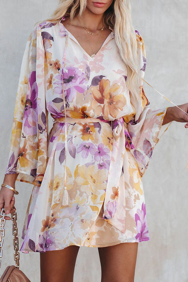 Floral V-Neck Long-Sleeve Open-Back Lace-Up Mini Dress
