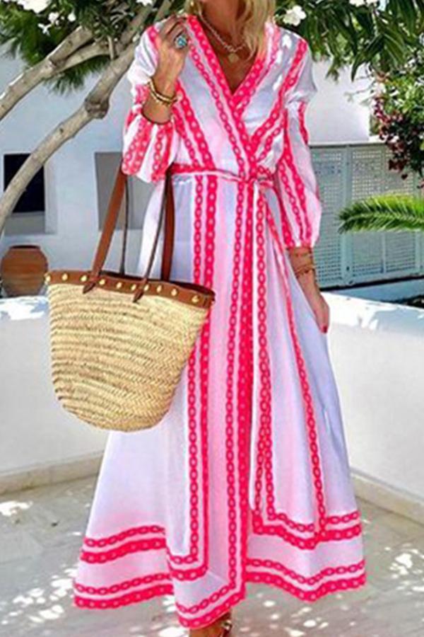 Bohemian Print Long Sleeve V-Neck Dress