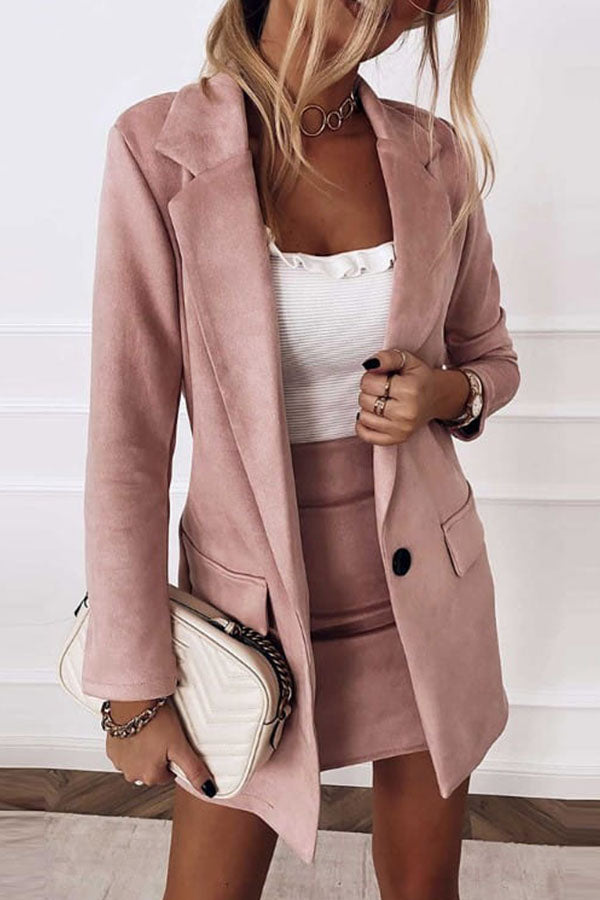 Plain Pocket Design Blazer Coat & Skirt Set