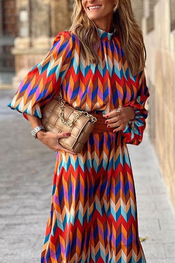 Mid-sleeve Printed Waist A-line Dress