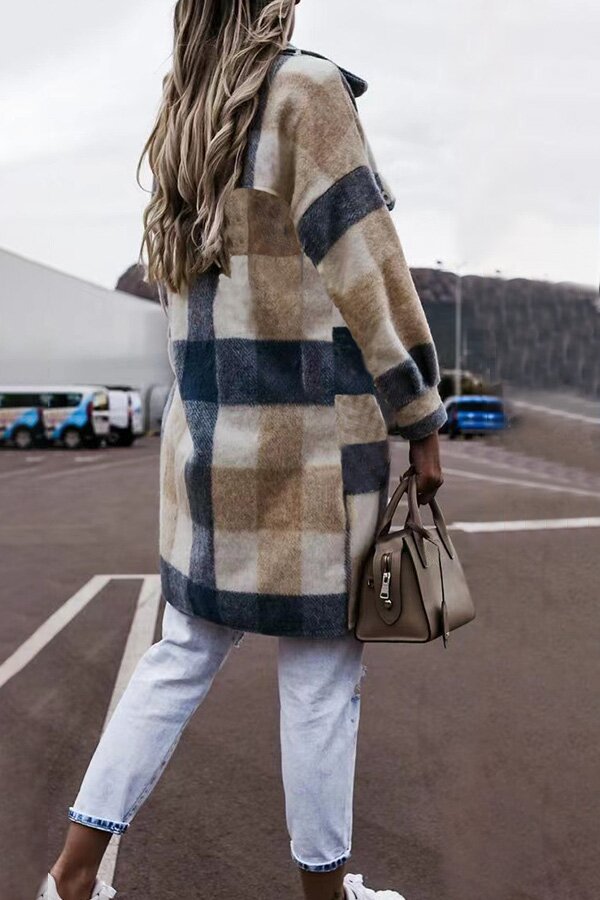 On-trend Mid-length Plaid Lapel Button Down Coat
